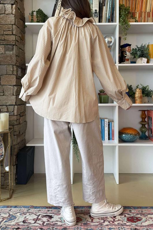 Zeta Otto Pinstripe Pussy Bow Blouse Latte